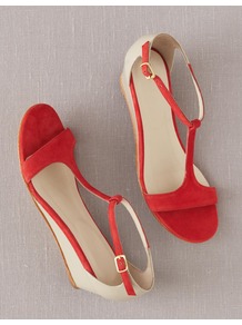 T Bar Demi Wedges - predominant colour: true red; occasions: casual, holiday; material: suede; heel height: mid; ankle detail: ankle strap; heel: wedge; toe: open toe/peeptoe; style: standard; finish: plain; pattern: colourblock