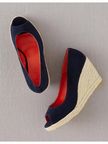 Peep Toe Espadrilles - predominant colour: navy; occasions: casual, holiday; material: fabric; heel height: high; heel: wedge; toe: open toe/peeptoe; style: courts; finish: plain; pattern: plain