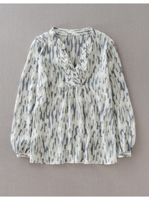 Amalfi Top - bust detail: ruching/gathering/draping/layers/pintuck pleats at bust; predominant colour: mid grey; occasions: casual, evening, work, holiday; length: standard; style: top; neckline: mandarin with v-neck; fibres: silk - 100%; fit: loose; sleeve length: 3/4 length; sleeve style: standard; texture group: cotton feel fabrics; pattern type: fabric; pattern size: big & busy; pattern: patterned/print