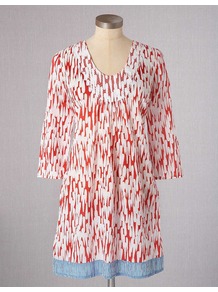 Toulon Tunic - neckline: v-neck; length: below the bottom; style: tunic; bust detail: ruching/gathering/draping/layers/pintuck pleats at bust; predominant colour: white; occasions: casual, holiday; fibres: cotton - 100%; fit: loose; sleeve length: 3/4 length; sleeve style: standard; texture group: cotton feel fabrics; pattern type: fabric; pattern size: standard; pattern: patterned/print