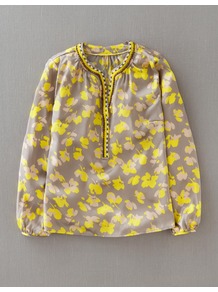 Beaded Placket Evening Top - neckline: v-neck; bust detail: added detail/embellishment at bust; predominant colour: yellow; occasions: casual, evening, work, holiday; length: standard; style: top; fibres: silk - 100%; fit: straight cut; sleeve length: long sleeve; sleeve style: standard; texture group: silky - light; pattern type: fabric; pattern size: standard; pattern: florals; embellishment: beading