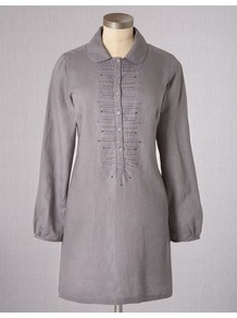 Salcombe Tunic - neckline: shirt collar/peter pan/zip with opening; length: below the bottom; style: tunic; bust detail: buttons at bust (in middle at breastbone)/zip detail at bust; predominant colour: mid grey; occasions: casual; fibres: linen - 100%; fit: body skimming; sleeve length: long sleeve; sleeve style: standard; texture group: linen; pattern type: fabric; pattern size: small & light; pattern: patterned/print; embellishment: embroidered