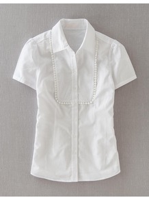Great White Shirt - neckline: shirt collar/peter pan/zip with opening; pattern: plain; style: shirt; bust detail: ruching/gathering/draping/layers/pintuck pleats at bust; predominant colour: white; occasions: casual, work; length: standard; fibres: cotton - 100%; fit: tailored/fitted; sleeve length: short sleeve; sleeve style: standard; texture group: cotton feel fabrics; pattern type: fabric