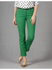 Cropped Jeans - style: straight leg; pattern: plain; pocket detail: traditional 5 pocket; waist: mid/regular rise; predominant colour: emerald green; occasions: casual; length: ankle length; fibres: cotton - stretch; texture group: denim; pattern type: fabric; pattern size: standard