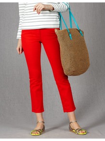 Cropped Jeans - style: straight leg; pattern: plain; pocket detail: traditional 5 pocket; waist: mid/regular rise; predominant colour: true red; occasions: casual, work; length: ankle length; fibres: cotton - stretch; texture group: denim; pattern type: fabric; pattern size: standard