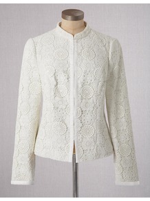 Lace Jacket - pattern: plain; style: single breasted blazer; collar: round collar/collarless; predominant colour: ivory; occasions: evening, occasion; length: standard; fit: tailored/fitted; fibres: linen - mix; sleeve length: long sleeve; sleeve style: standard; texture group: lace; collar break: high; pattern type: fabric