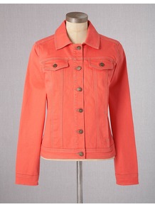 Denim Jacket - pattern: plain; bust detail: added detail/embellishment at bust; style: denim; predominant colour: coral; occasions: casual; length: standard; fit: tailored/fitted; fibres: cotton - stretch; collar: shirt collar/peter pan/zip with opening; sleeve length: long sleeve; sleeve style: standard; texture group: denim; collar break: high/illusion of break when open; pattern type: fabric