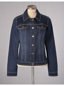 Denim Jacket - pattern: plain; style: denim; fit: slim fit; predominant colour: navy; occasions: casual; length: standard; fibres: cotton - 100%; collar: shirt collar/peter pan/zip with opening; sleeve length: long sleeve; sleeve style: standard; texture group: denim; collar break: high; pattern type: fabric; pattern size: standard