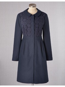 Florentine Coat - pattern: plain; style: single breasted; length: on the knee; predominant colour: navy; occasions: casual, evening; fit: tailored/fitted; fibres: linen - mix; collar: shirt collar/peter pan/zip with opening; bust detail: contrast pattern/fabric/detail at bust; sleeve length: long sleeve; sleeve style: standard; texture group: cotton feel fabrics; collar break: high; pattern type: fabric; pattern size: standard