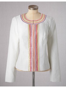 Regent Jacket - pattern: plain; style: single breasted blazer; collar: round collar/collarless; predominant colour: white; secondary colour: true red; occasions: evening, holiday; length: standard; fit: tailored/fitted; fibres: linen - mix; sleeve length: long sleeve; sleeve style: standard; texture group: linen; collar break: high; pattern type: fabric; embellishment: sequins