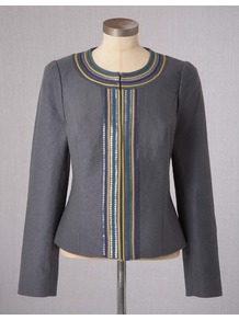 Regent Jacket - pattern: plain; style: single breasted blazer; collar: round collar/collarless; secondary colour: mustard; predominant colour: mid grey; occasions: evening; length: standard; fit: tailored/fitted; fibres: linen - mix; sleeve length: long sleeve; sleeve style: standard; texture group: linen; collar break: high; pattern type: fabric; embellishment: sequins