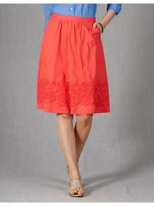 Summer Flower Skirt - pattern: plain; style: full/prom skirt; fit: loose/voluminous; waist detail: twist front waist detail/nipped in at waist on one side/soft pleats/draping/ruching/gathering waist detail; waist: mid/regular rise; predominant colour: true red; occasions: casual, holiday; length: on the knee; fibres: cotton - 100%; texture group: cotton feel fabrics; pattern type: fabric; embellishment: embroidered