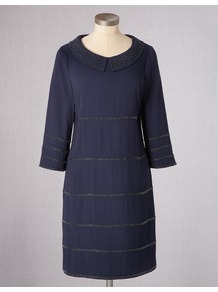 Elsa Dress - style: shift; pattern: plain; predominant colour: navy; occasions: evening, occasion; length: just above the knee; fit: straight cut; fibres: viscose/rayon - stretch; neckline: no opening/shirt collar/peter pan; sleeve length: 3/4 length; sleeve style: standard; texture group: crepes; pattern type: fabric; pattern size: standard; embellishment: beading