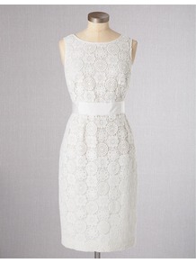 Lace Dress - style: shift; neckline: round neck; fit: fitted at waist; pattern: plain; sleeve style: sleeveless; predominant colour: white; length: just above the knee; fibres: cotton - 100%; occasions: occasion; waist detail: narrow waistband; sleeve length: sleeveless; texture group: lace; pattern type: fabric; pattern size: standard