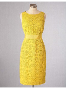 Lace Dress - style: shift; neckline: round neck; fit: fitted at waist; pattern: plain; sleeve style: sleeveless; predominant colour: yellow; length: just above the knee; fibres: cotton - 100%; occasions: occasion; waist detail: narrow waistband; sleeve length: sleeveless; texture group: lace; trends: fluorescent; pattern type: fabric; pattern size: standard