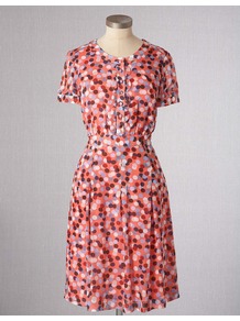 Summer Tea Dress - style: tea dress; neckline: round neck; sleeve style: puffed; fit: fitted at waist; pattern: plain; waist detail: fitted waist; bust detail: buttons at bust (in middle at breastbone)/zip detail at bust; occasions: casual; length: on the knee; fibres: viscose/rayon - 100%; hip detail: structured pleats at hip; predominant colour: multicoloured; sleeve length: short sleeve; trends: statement prints; pattern type: fabric; pattern size: standard; texture group: woven light midweight
