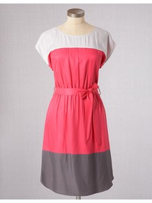 Relaxed Colourblock Dress - style: shift; neckline: round neck; waist detail: belted waist/tie at waist/drawstring; occasions: evening, holiday; length: just above the knee; fit: body skimming; predominant colour: multicoloured; sleeve length: short sleeve; sleeve style: standard; texture group: silky - light; pattern type: fabric; pattern size: standard; pattern: colourblock; fibres: viscose/rayon - mix