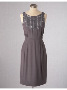 Belgravia Dress - style: shift; neckline: round neck; fit: fitted at waist; pattern: plain; sleeve style: sleeveless; bust detail: ruching/gathering/draping/layers/pintuck pleats at bust; predominant colour: mid grey; occasions: evening, work, occasion, holiday; length: just above the knee; fibres: viscose/rayon - 100%; hip detail: soft pleats at hip/draping at hip/flared at hip; waist detail: narrow waistband; sleeve length: sleeveless; texture group: cotton feel fabrics; pattern type: fabric; pattern size: standard; embellishment: embroidered