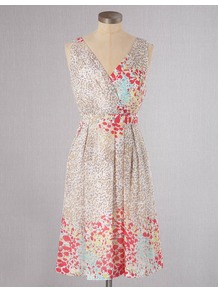 Sumptuous Silk Dress - neckline: low v-neck; sleeve style: sleeveless; waist detail: fitted waist; back detail: low cut/open back; occasions: casual, evening, occasion; length: on the knee; fit: fitted at waist & bust; style: fit & flare; fibres: silk - 100%; hip detail: sculpting darts/pleats/seams at hip; predominant colour: multicoloured; sleeve length: sleeveless; texture group: silky - light; trends: high impact florals, statement prints; bust detail: tiers/frills/bulky drapes/pleats; pattern type: fabric; pattern size: standard; pattern: patterned/print