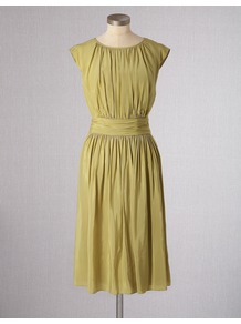 Selina Dress - length: below the knee; neckline: round neck; sleeve style: capped; fit: fitted at waist; pattern: plain; style: blouson; waist detail: fitted waist; bust detail: ruching/gathering/draping/layers/pintuck pleats at bust; predominant colour: lime; occasions: casual, evening; fibres: viscose/rayon - 100%; hip detail: soft pleats at hip/draping at hip/flared at hip; sleeve length: sleeveless; texture group: silky - light; trends: glamorous day shifts; pattern type: fabric; pattern size: standard