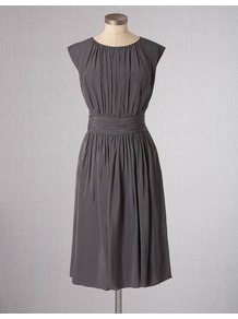 Selina Dress - neckline: round neck; sleeve style: capped; fit: fitted at waist; pattern: plain; style: blouson; waist detail: fitted waist; bust detail: ruching/gathering/draping/layers/pintuck pleats at bust; predominant colour: charcoal; occasions: casual; length: on the knee; hip detail: structured pleats at hip; sleeve length: sleeveless; texture group: crepes; pattern type: fabric; fibres: viscose/rayon - mix