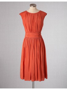 Selina Dress - neckline: round neck; sleeve style: capped; fit: fitted at waist; pattern: plain; style: blouson; waist detail: fitted waist; bust detail: ruching/gathering/draping/layers/pintuck pleats at bust; predominant colour: terracotta; occasions: casual; length: just above the knee; hip detail: structured pleats at hip; sleeve length: sleeveless; pattern type: fabric; texture group: other - light to midweight; fibres: viscose/rayon - mix