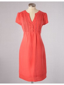 Pintuck Summer Dress - style: shift; neckline: low v-neck; fit: fitted at waist; pattern: plain; bust detail: buttons at bust (in middle at breastbone)/zip detail at bust; predominant colour: coral; occasions: casual, holiday; length: just above the knee; fibres: linen - 100%; shoulder detail: flat/draping pleats/ruching/gathering at shoulder; sleeve length: short sleeve; sleeve style: standard; texture group: linen; pattern type: fabric; pattern size: standard