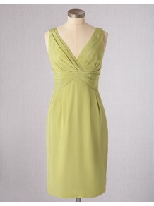Silk Sassy Dress - style: shift; neckline: low v-neck; fit: empire; pattern: plain; sleeve style: sleeveless; bust detail: ruching/gathering/draping/layers/pintuck pleats at bust; predominant colour: lime; occasions: evening, occasion; length: on the knee; fibres: silk - 100%; sleeve length: sleeveless; texture group: silky - light; trends: glamorous day shifts; pattern type: fabric; pattern size: standard