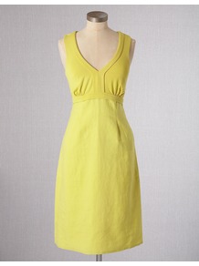 Linen & Jersey Dress - style: shift; neckline: low v-neck; fit: fitted at waist; pattern: plain; sleeve style: sleeveless; waist detail: fitted waist; bust detail: ruching/gathering/draping/layers/pintuck pleats at bust; predominant colour: yellow; occasions: casual; length: just above the knee; fibres: polyester/polyamide - mix; sleeve length: sleeveless; pattern type: fabric; texture group: jersey - stretchy/drapey