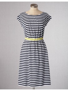 Newquay Dress - style: shift; neckline: round neck; sleeve style: capped; pattern: horizontal stripes; waist detail: elasticated waist; predominant colour: navy; occasions: casual, holiday; length: just above the knee; fit: body skimming; fibres: cotton - stretch; sleeve length: short sleeve; pattern type: fabric; pattern size: standard; texture group: jersey - stretchy/drapey