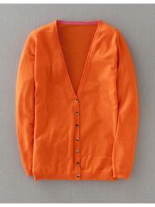 Fine Cashmere V Neck Cardigan - neckline: low v-neck; pattern: plain; length: below the bottom; predominant colour: bright orange; occasions: casual; style: standard; fit: slim fit; fibres: cashmere - 100%; sleeve length: long sleeve; sleeve style: standard; texture group: knits/crochet; trends: fluorescent; pattern type: knitted - fine stitch; pattern size: standard
