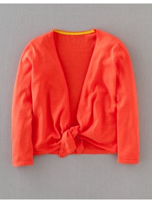 Tie Front Cardigan - neckline: plunge; pattern: plain; style: bolero/shrug; length: cropped; predominant colour: coral; occasions: casual, holiday; fibres: cotton - mix; fit: slim fit; sleeve length: 3/4 length; sleeve style: standard; texture group: knits/crochet; trends: fluorescent; pattern type: fabric; pattern size: standard