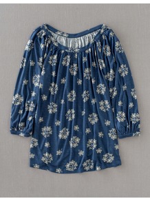 Bloomsbury Top - length: below the bottom; sleeve style: balloon; bust detail: ruching/gathering/draping/layers/pintuck pleats at bust; predominant colour: navy; occasions: casual, holiday; neckline: scoop; fibres: viscose/rayon - 100%; fit: loose; style: gypsy/peasant; sleeve length: 3/4 length; texture group: cotton feel fabrics; pattern type: fabric; pattern size: big & busy; pattern: patterned/print