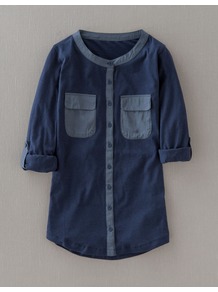 St Mawes Jersey Shirt - neckline: round neck; pattern: plain; length: below the bottom; bust detail: buttons at bust (in middle at breastbone)/zip detail at bust; predominant colour: navy; secondary colour: denim; occasions: casual, holiday; style: top; fibres: cotton - mix; fit: straight cut; sleeve length: 3/4 length; sleeve style: standard; pattern type: fabric; texture group: jersey - stretchy/drapey