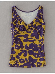 Easy Vest - neckline: low v-neck; sleeve style: standard vest straps/shoulder straps; style: vest top; bust detail: ruching/gathering/draping/layers/pintuck pleats at bust; secondary colour: purple; predominant colour: mustard; occasions: casual; length: standard; fibres: viscose/rayon - stretch; fit: body skimming; sleeve length: sleeveless; pattern type: fabric; pattern size: big & busy; pattern: florals; texture group: jersey - stretchy/drapey