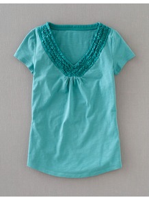 Penzance Tee - neckline: v-neck; pattern: plain; style: t-shirt; bust detail: ruching/gathering/draping/layers/pintuck pleats at bust; predominant colour: turquoise; occasions: casual, work, holiday; length: standard; fibres: cotton - 100%; fit: straight cut; sleeve length: short sleeve; sleeve style: standard; pattern type: fabric; pattern size: standard; texture group: jersey - stretchy/drapey