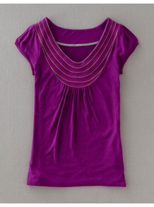Stitch Detail Tee - neckline: v-neck; sleeve style: capped; pattern: plain; bust detail: added detail/embellishment at bust; style: t-shirt; predominant colour: purple; occasions: casual; length: standard; fibres: viscose/rayon - 100%; fit: body skimming; sleeve length: short sleeve; texture group: jersey - stretchy/drapey; embellishment: embroidered