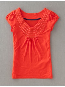 Stitch Detail Tee - neckline: v-neck; sleeve style: capped; style: t-shirt; bust detail: ruching/gathering/draping/layers/pintuck pleats at bust; predominant colour: bright orange; occasions: casual, work, holiday; length: standard; fibres: viscose/rayon - 100%; fit: straight cut; shoulder detail: added shoulder detail; sleeve length: short sleeve; pattern type: fabric; pattern: patterned/print; texture group: jersey - stretchy/drapey