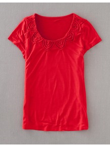 Capri Tee - sleeve style: capped; pattern: plain; bust detail: added detail/embellishment at bust; style: t-shirt; predominant colour: true red; occasions: casual, work; length: standard; neckline: scoop; fibres: viscose/rayon - stretch; fit: body skimming; sleeve length: sleeveless; pattern type: fabric; texture group: jersey - stretchy/drapey