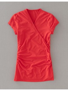 Short Sleeve Wrap Top - neckline: v-neck; pattern: plain; style: wrap/faux wrap; waist detail: twist front waist detail/nipped in at waist on one side/soft pleats/draping/ruching/gathering waist detail; bust detail: ruching/gathering/draping/layers/pintuck pleats at bust; predominant colour: bright orange; occasions: casual, evening, work, holiday; length: standard; fibres: viscose/rayon - stretch; fit: body skimming; sleeve length: short sleeve; sleeve style: standard; pattern type: fabric; texture group: jersey - stretchy/drapey