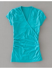 Short Sleeve Wrap Top - neckline: v-neck; sleeve style: capped; pattern: plain; style: wrap/faux wrap; predominant colour: turquoise; occasions: casual; length: standard; fibres: viscose/rayon - stretch; fit: body skimming; sleeve length: short sleeve; texture group: jersey - clingy; pattern type: fabric; pattern size: standard