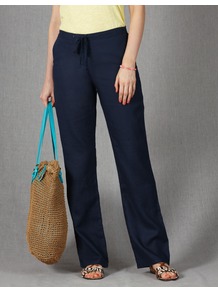 Drawstring Linen Trousers - length: standard; pattern: plain; waist detail: belted waist/tie at waist/drawstring; waist: mid/regular rise; predominant colour: navy; occasions: casual, holiday; fibres: linen - 100%; texture group: linen; fit: wide leg; pattern type: fabric; pattern size: standard; style: standard