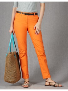 Ankle Skimmer Chinos - pattern: plain; waist: mid/regular rise; predominant colour: bright orange; occasions: casual, holiday; length: ankle length; style: chino; fibres: cotton - stretch; texture group: cotton feel fabrics; fit: slim leg; pattern type: fabric