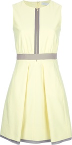 Zip Through Dress - pattern: plain; sleeve style: sleeveless; bust detail: buttons at bust (in middle at breastbone)/zip detail at bust; predominant colour: primrose yellow; occasions: evening, work, holiday; length: just above the knee; fit: fitted at waist & bust; style: fit & flare; fibres: cotton - mix; neckline: crew; hip detail: structured pleats at hip; waist detail: narrow waistband; sleeve length: sleeveless; trends: glamorous day shifts, volume; pattern type: fabric; pattern size: standard; texture group: woven light midweight