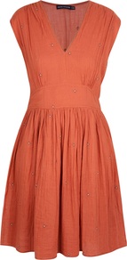 'Odrey' Dress - neckline: v-neck; pattern: plain; sleeve style: sleeveless; waist detail: wide waistband/cummerbund; predominant colour: bright orange; occasions: casual, evening, work, occasion, holiday; length: just above the knee; fit: fitted at waist & bust; style: fit & flare; fibres: cotton - 100%; hip detail: structured pleats at hip; shoulder detail: flat/draping pleats/ruching/gathering at shoulder; sleeve length: sleeveless; texture group: cotton feel fabrics; pattern type: fabric; pattern size: small & light; embellishment: embroidered