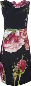 Desire Dress - style: shift; neckline: cowl/draped neck; fit: tailored/fitted; sleeve style: sleeveless; waist detail: fitted waist; back detail: low cut/open back; predominant colour: black; occasions: evening, occasion; length: just above the knee; fibres: polyester/polyamide - mix; shoulder detail: flat/draping pleats/ruching/gathering at shoulder; sleeve length: sleeveless; trends: high impact florals; pattern type: fabric; pattern size: standard; pattern: florals; texture group: other - light to midweight