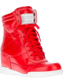 Wedge Trainer - predominant colour: true red; occasions: casual; material: leather; heel height: mid; heel: wedge; toe: round toe; boot length: ankle boot; style: high top; trends: sporty redux; finish: plain; pattern: plain