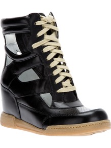 Wedge Trainer - predominant colour: black; occasions: casual; material: leather; heel height: mid; heel: wedge; toe: round toe; boot length: ankle boot; style: high top; trends: sporty redux; finish: plain; pattern: two-tone