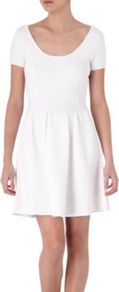 Rebus Textured Knit Dress - length: mid thigh; pattern: plain; back detail: low cut/open back; predominant colour: white; occasions: casual, evening, holiday; fit: fitted at waist & bust; style: fit & flare; neckline: scoop; fibres: cotton - stretch; hip detail: soft pleats at hip/draping at hip/flared at hip; sleeve length: short sleeve; sleeve style: standard; texture group: knits/crochet; trends: volume; pattern type: knitted - other; pattern size: standard