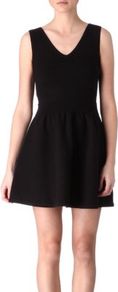 Dote Stretch Cotton Dress - length: mid thigh; neckline: low v-neck; pattern: plain; sleeve style: sleeveless; waist detail: fitted waist; predominant colour: black; occasions: evening, occasion; fit: fitted at waist & bust; style: fit & flare; fibres: cotton - stretch; sleeve length: sleeveless; trends: volume; pattern type: fabric; pattern size: standard; texture group: jersey - stretchy/drapey